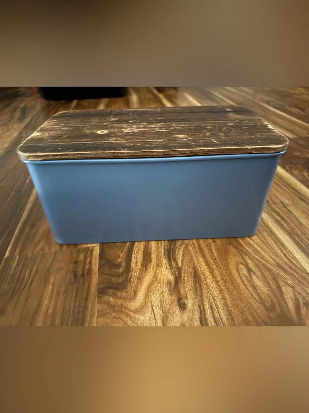 Blue Bread Box with Wooden Lid - Modern Kitchen Storage
